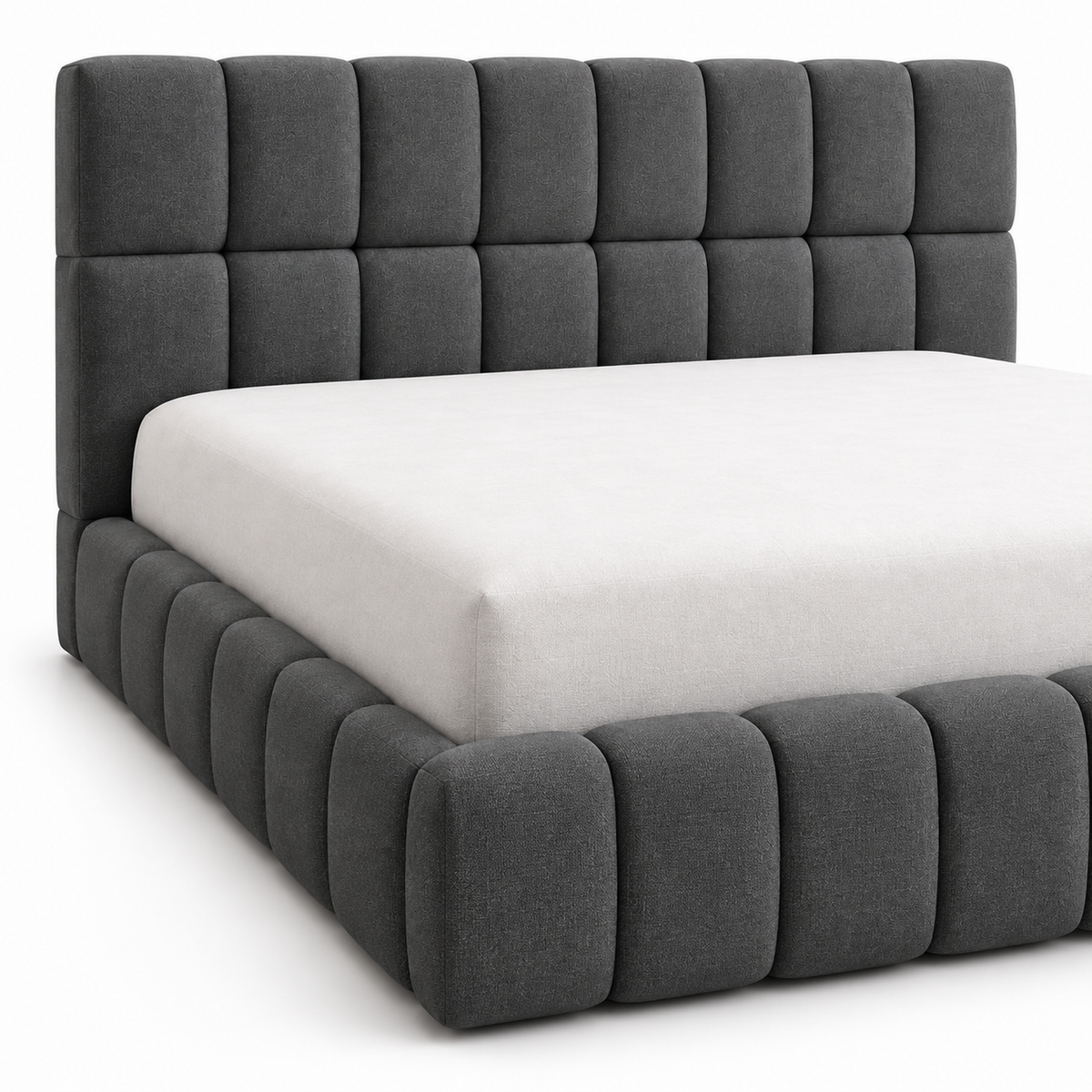 Close view of the square-grid headboard tuft and the horizontal channel footboard tuft on the charcoal Kavo bed frame