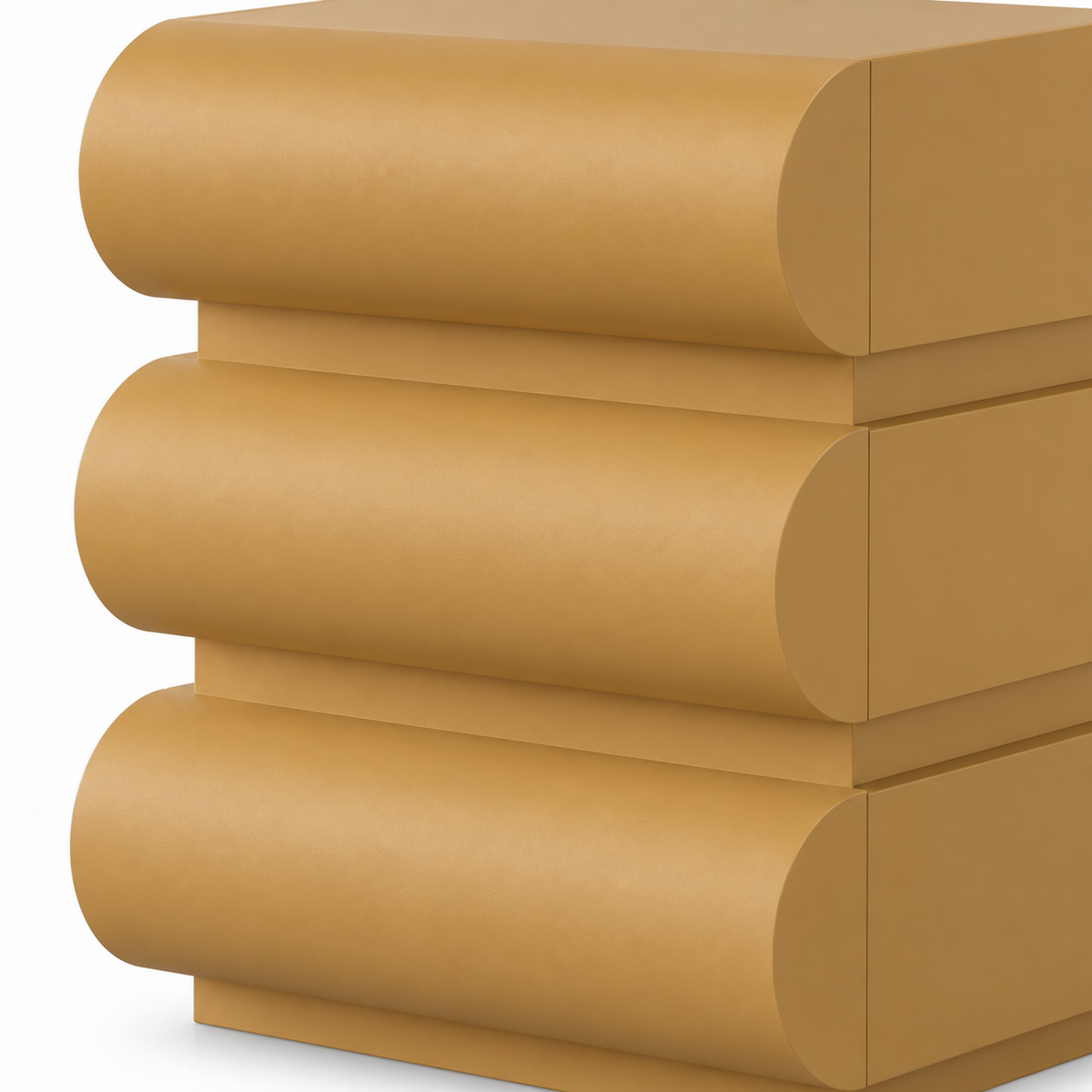Close view of the plump rounded half-cylinder drawer fronts and reveal gaps on the Onda nightstand