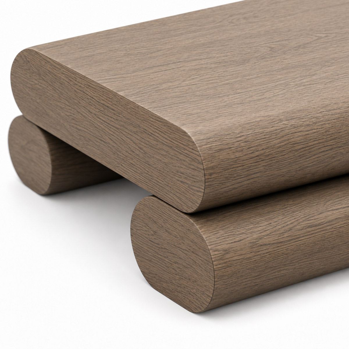 Close-up of the matte taupe-greige finish at a rounded corner of the Rulo coffee table
