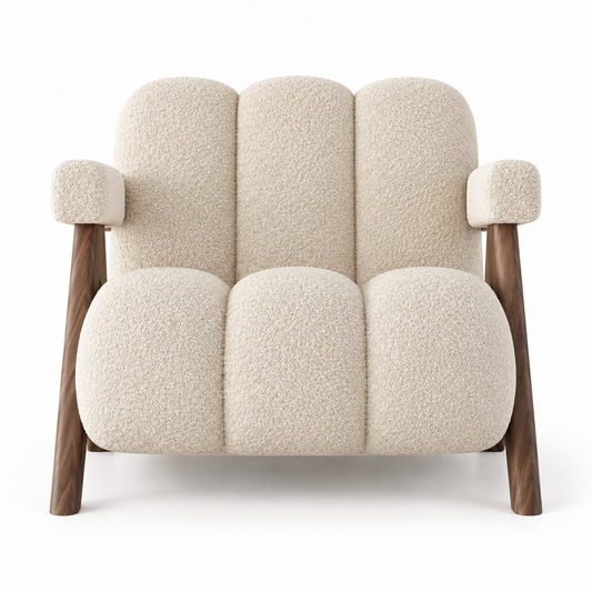 Chandi armchair front view showing channelled boucle seat and back in warm oatmeal