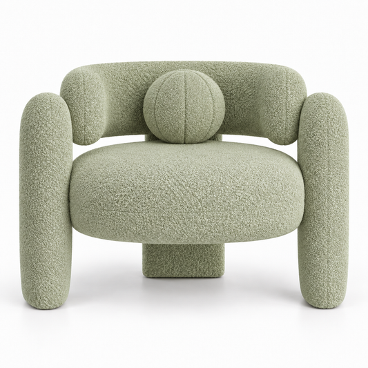 Pomo armchair front view showing round seat and centred ball toss pillow in pistachio boucle