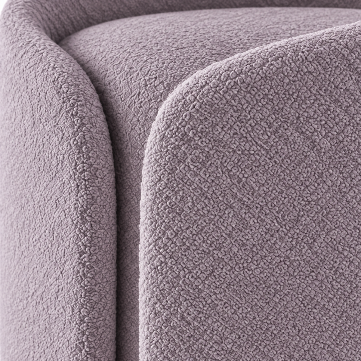 Close-up of dusty lilac boucle texture at the overlapping wrap seam of the Tala bench