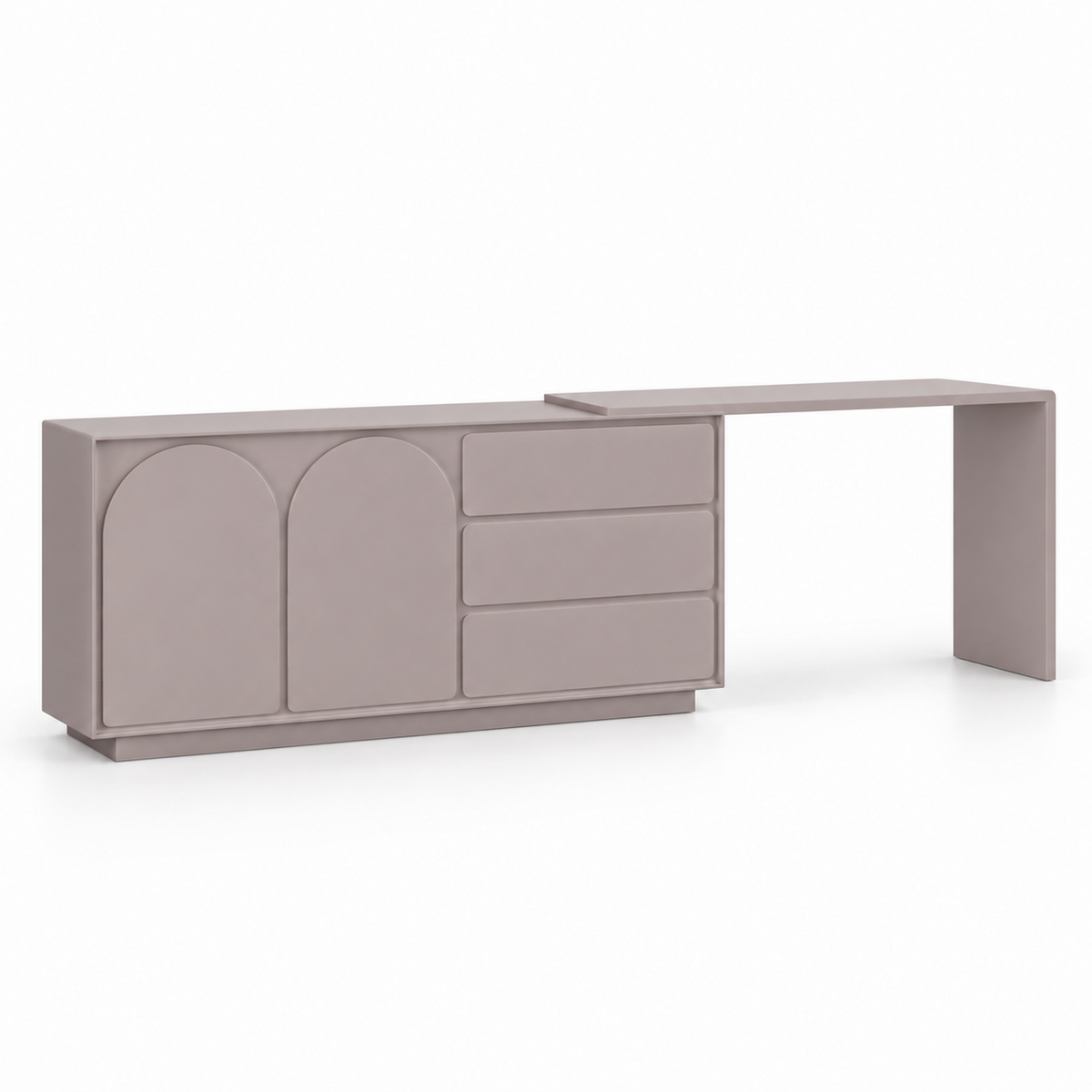 Solene makeup vanity in muted heather with twin arched cabinet doors, three drawers and an extending waterfall desk, three-quarter view
