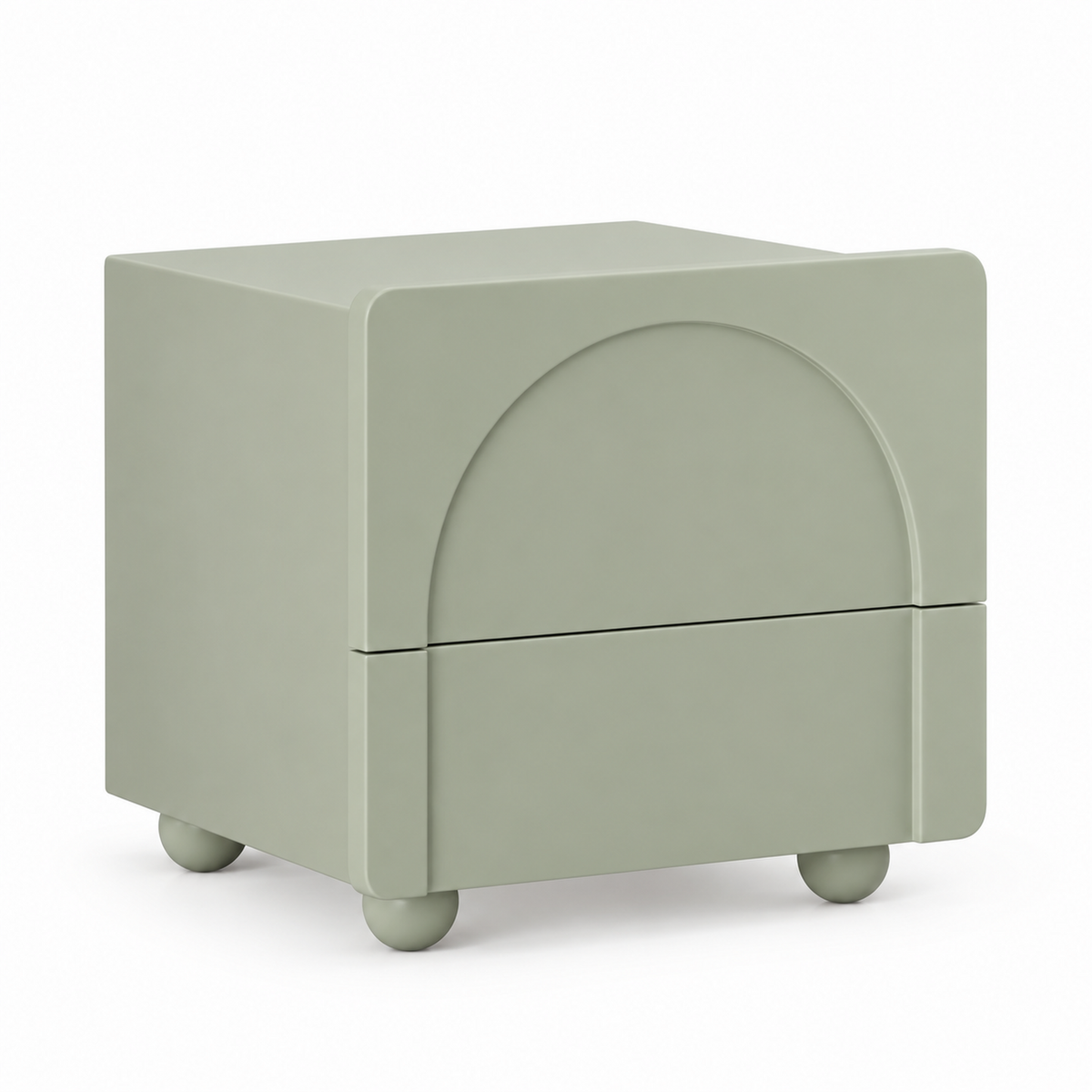 Arwa nightstand in dusty sage green with an arched relief front, two drawers and four spherical feet, three-quarter view