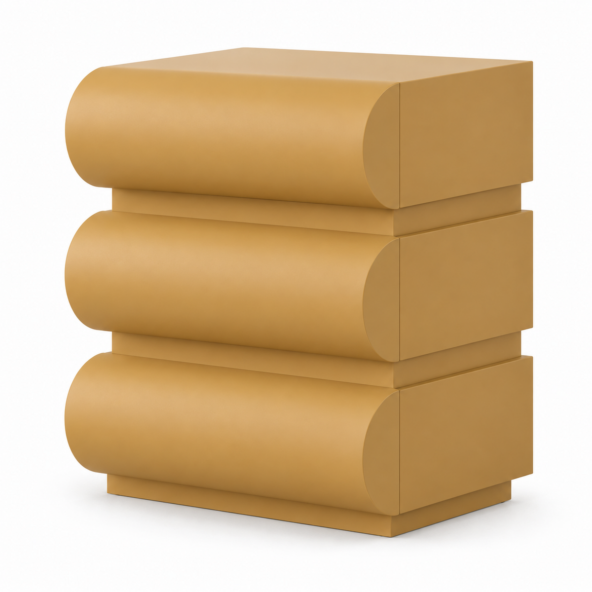 Onda nightstand in golden ochre with three rounded wave-shaped drawers, three-quarter view
