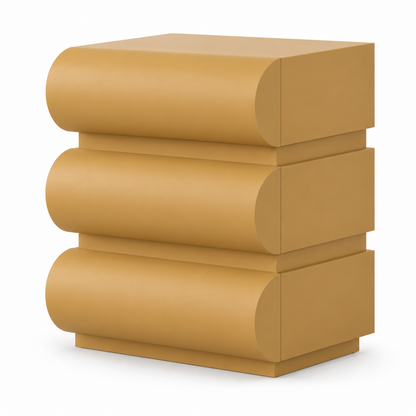 Onda nightstand in golden ochre with three rounded wave-shaped drawers, three-quarter view
