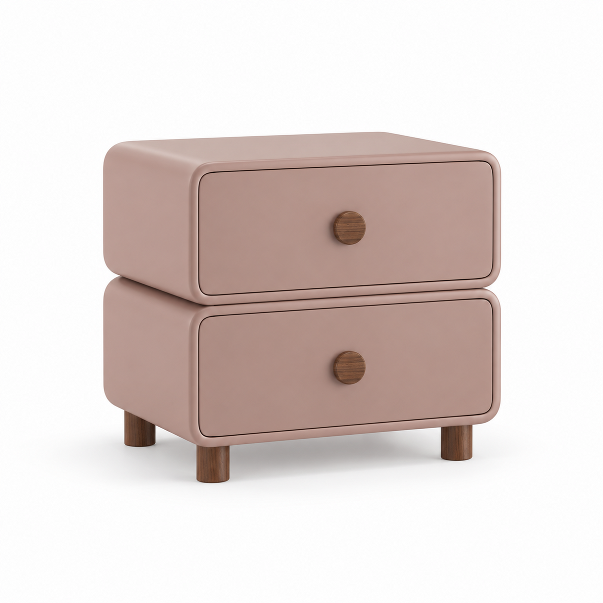 Lumi nightstand with two stacked rounded rosewood drawer boxes, round walnut knobs and four walnut peg legs, three-quarter view