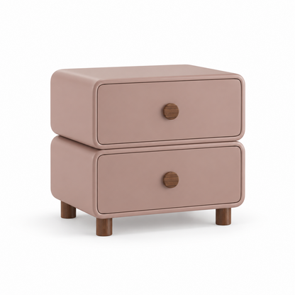 Lumi nightstand with two stacked rounded rosewood drawer boxes, round walnut knobs and four walnut peg legs, three-quarter view
