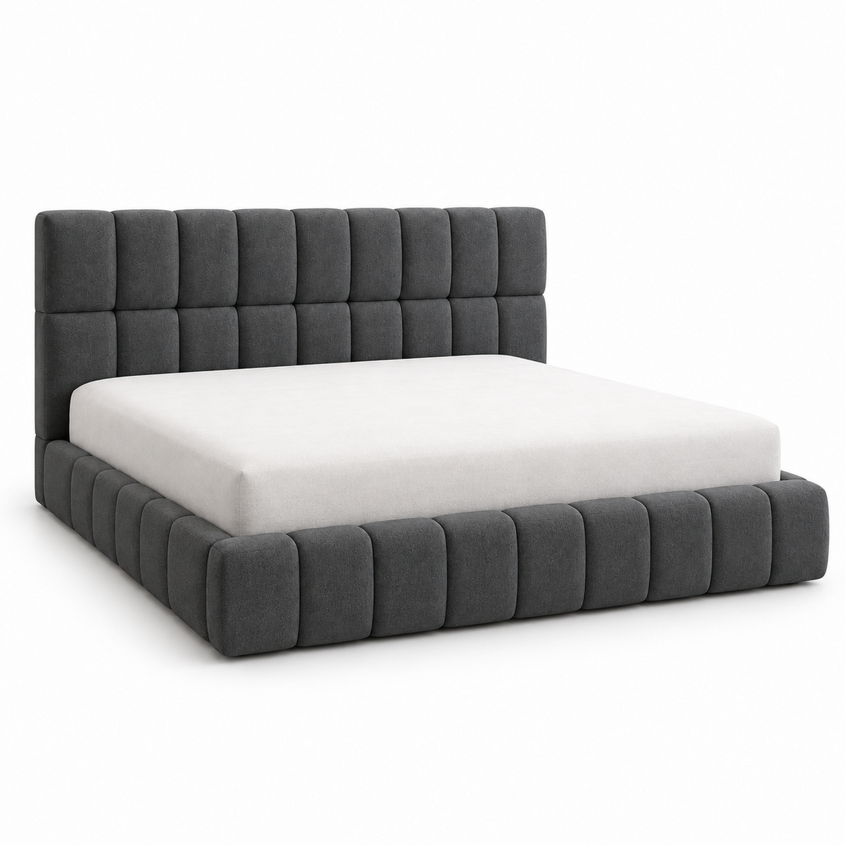 Kavo bed frame in charcoal grey with a square-grid tufted headboard and channel-tufted footboard, three-quarter view