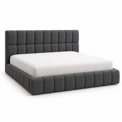 Kavo bed frame in charcoal grey with a square-grid tufted headboard and channel-tufted footboard, three-quarter view