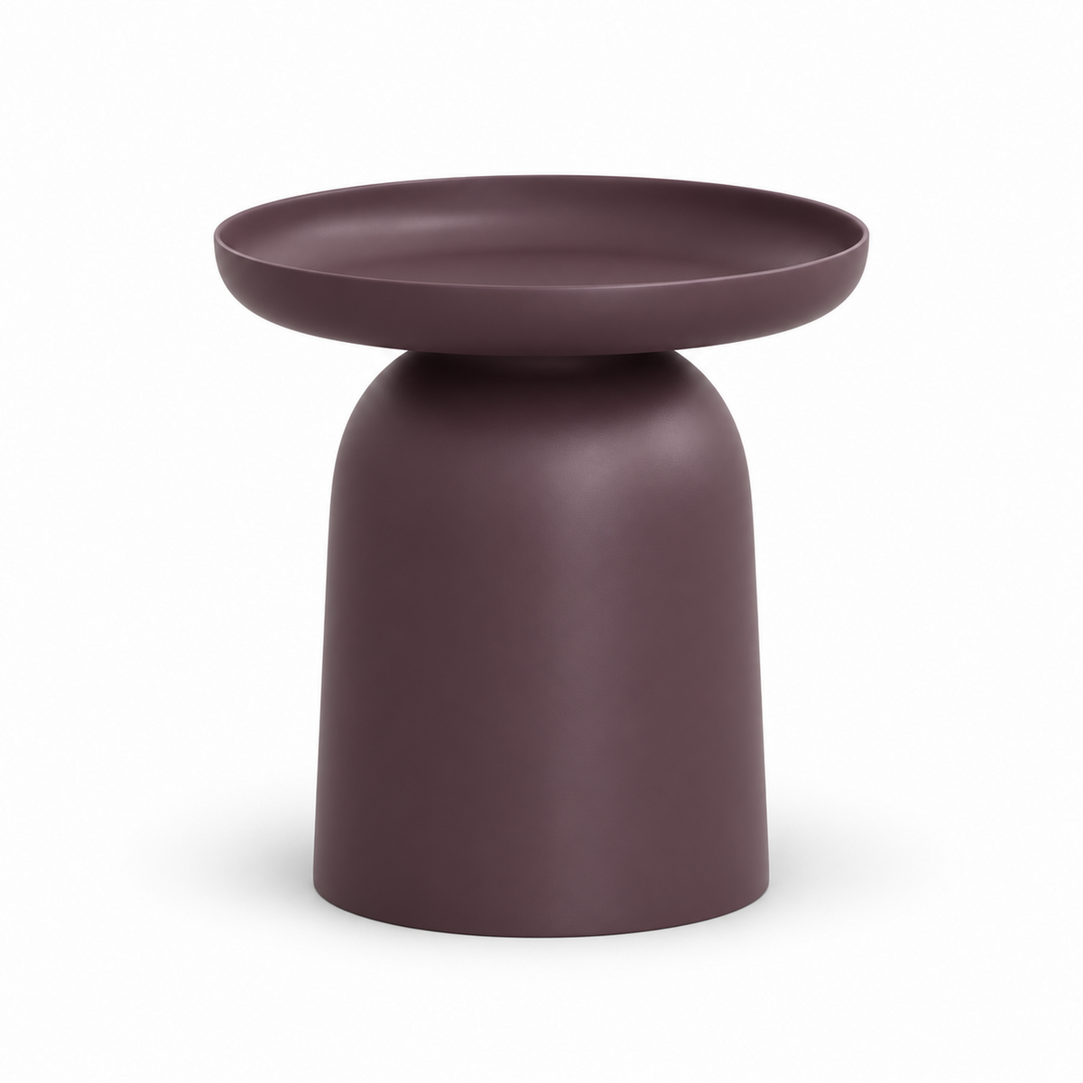 Domo service table in deep aubergine with a round tray top and flaring dome base, three-quarter view
