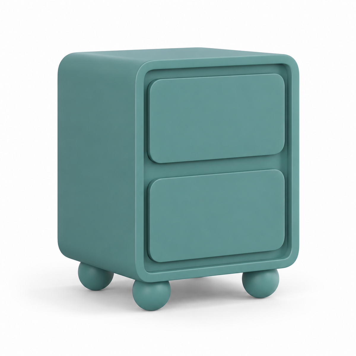 Neva nightstand in muted teal with two recessed-frame drawers and four spherical feet, three-quarter view
