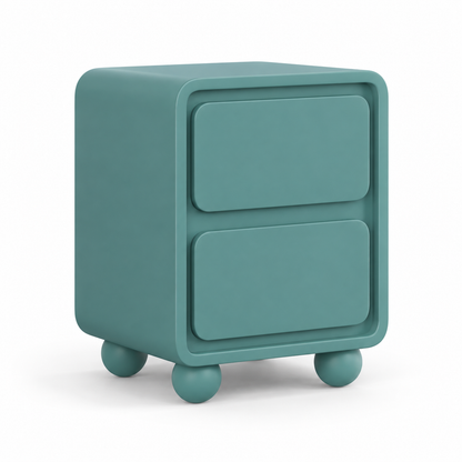 Neva nightstand in muted teal with two recessed-frame drawers and four spherical feet, three-quarter view
