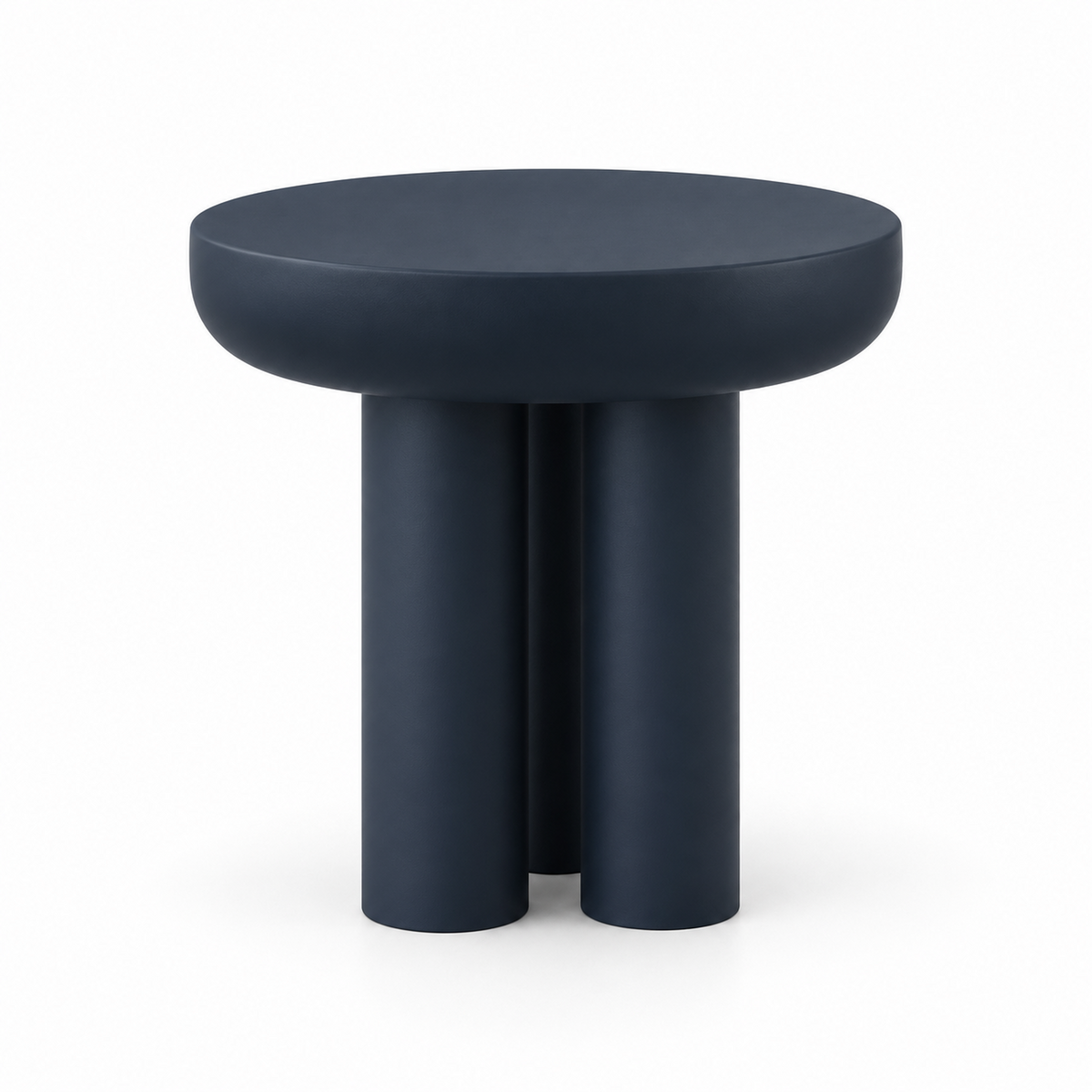 Tolo service table in deep navy with a thick round top and clustered three-column base, three-quarter view