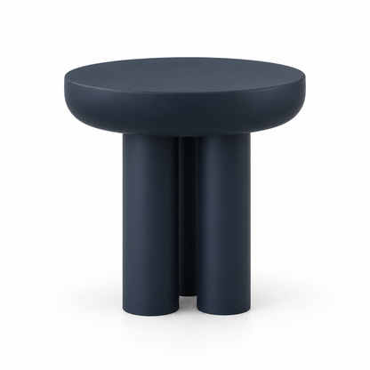 Tolo service table in deep navy with a thick round top and clustered three-column base, three-quarter view