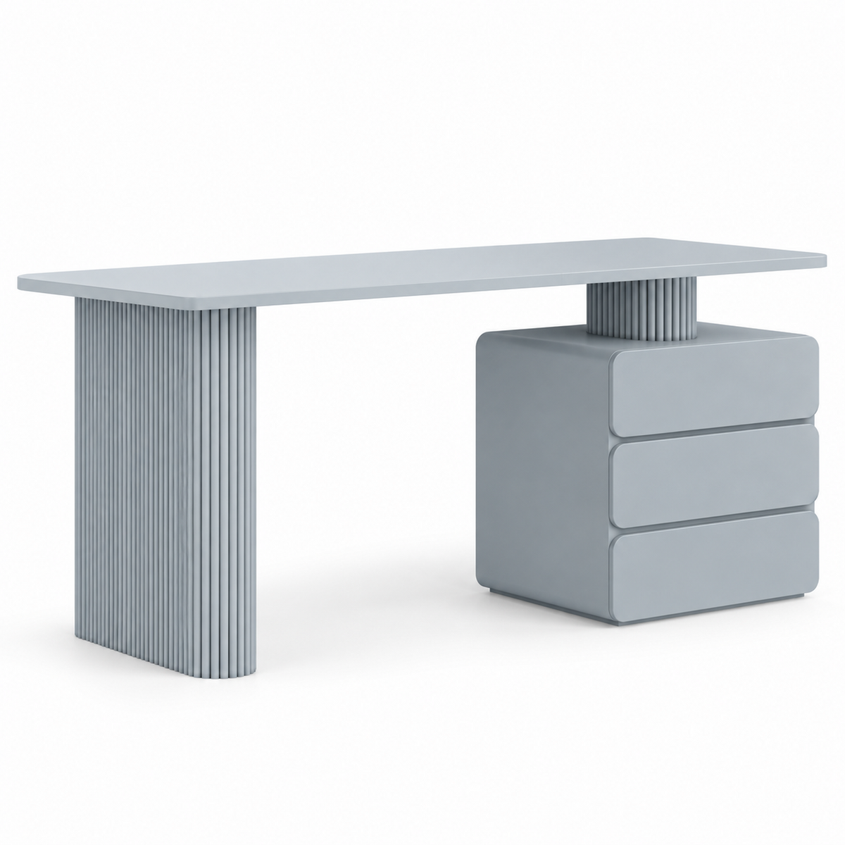 Odea makeup vanity in dusty slate blue with two fluted pedestals and a three-drawer chest, three-quarter view