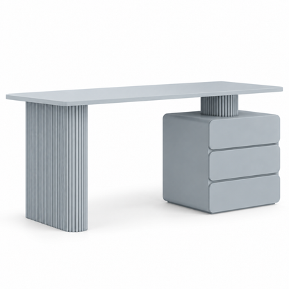 Odea makeup vanity in dusty slate blue with two fluted pedestals and a three-drawer chest, three-quarter view