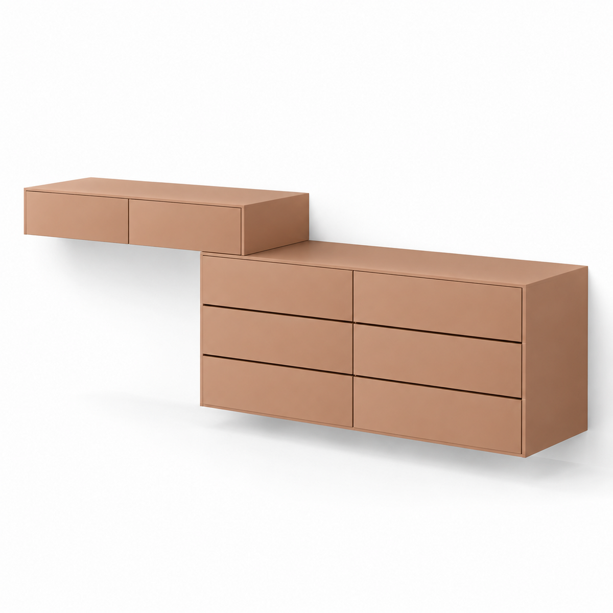 Runa modular makeup vanity in dusty terracotta clay with a two-drawer floating console and a six-drawer chest, three-quarter view