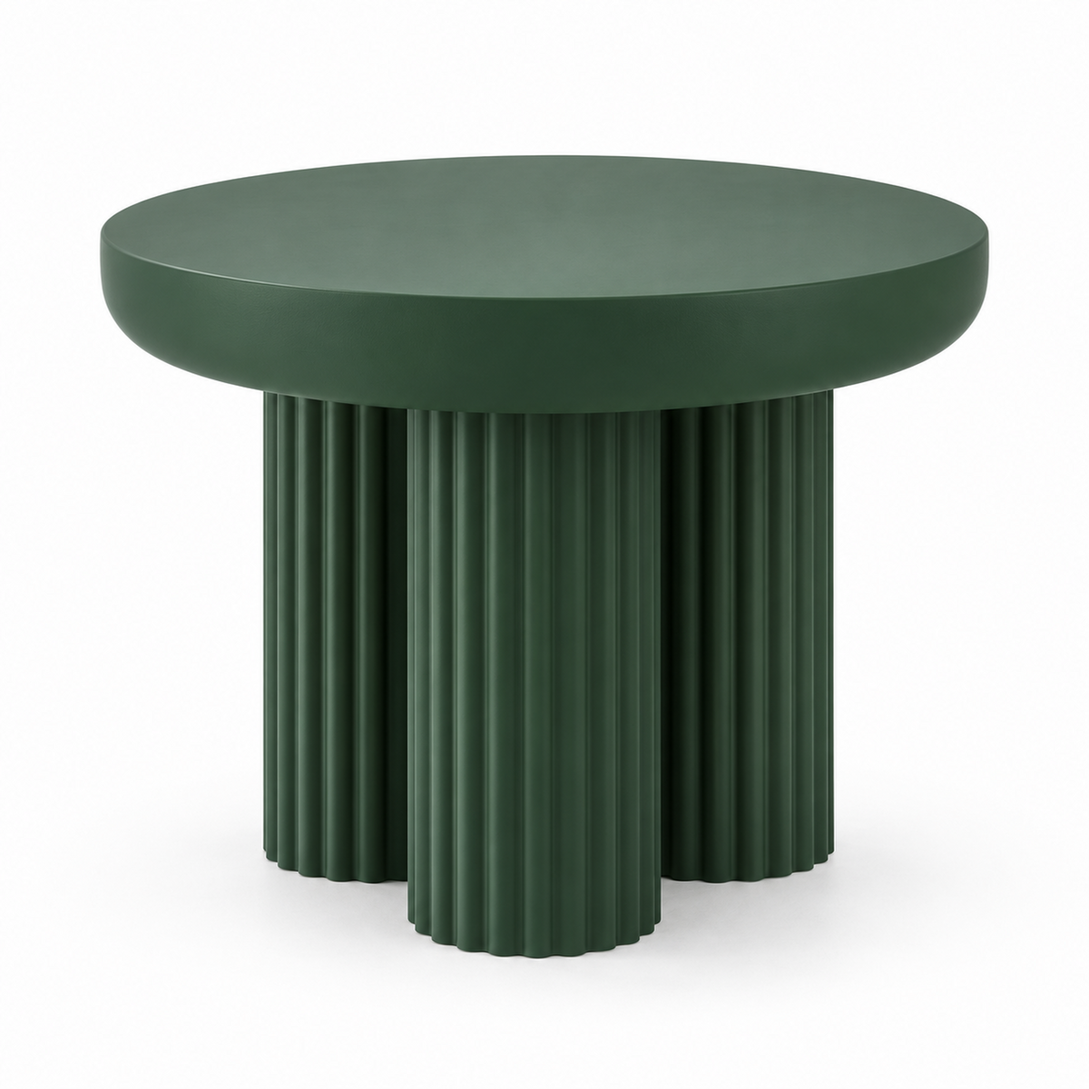 Talo service table in deep forest green with a thick round top and clustered fluted column base, three-quarter view
