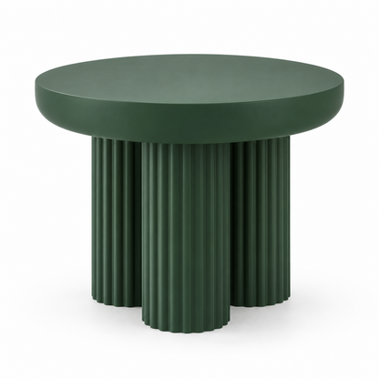 Talo service table in deep forest green with a thick round top and clustered fluted column base, three-quarter view
