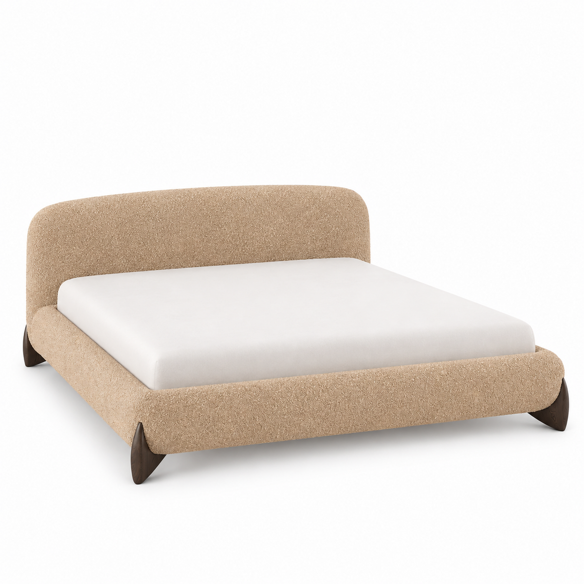Orma boucle bed frame in caramel-oat with a curved headboard and small angled wood feet, three-quarter view
