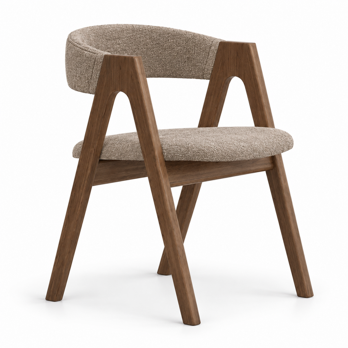 Rovo dining chair in mushroom taupe boucle with a walnut A-frame, three-quarter view