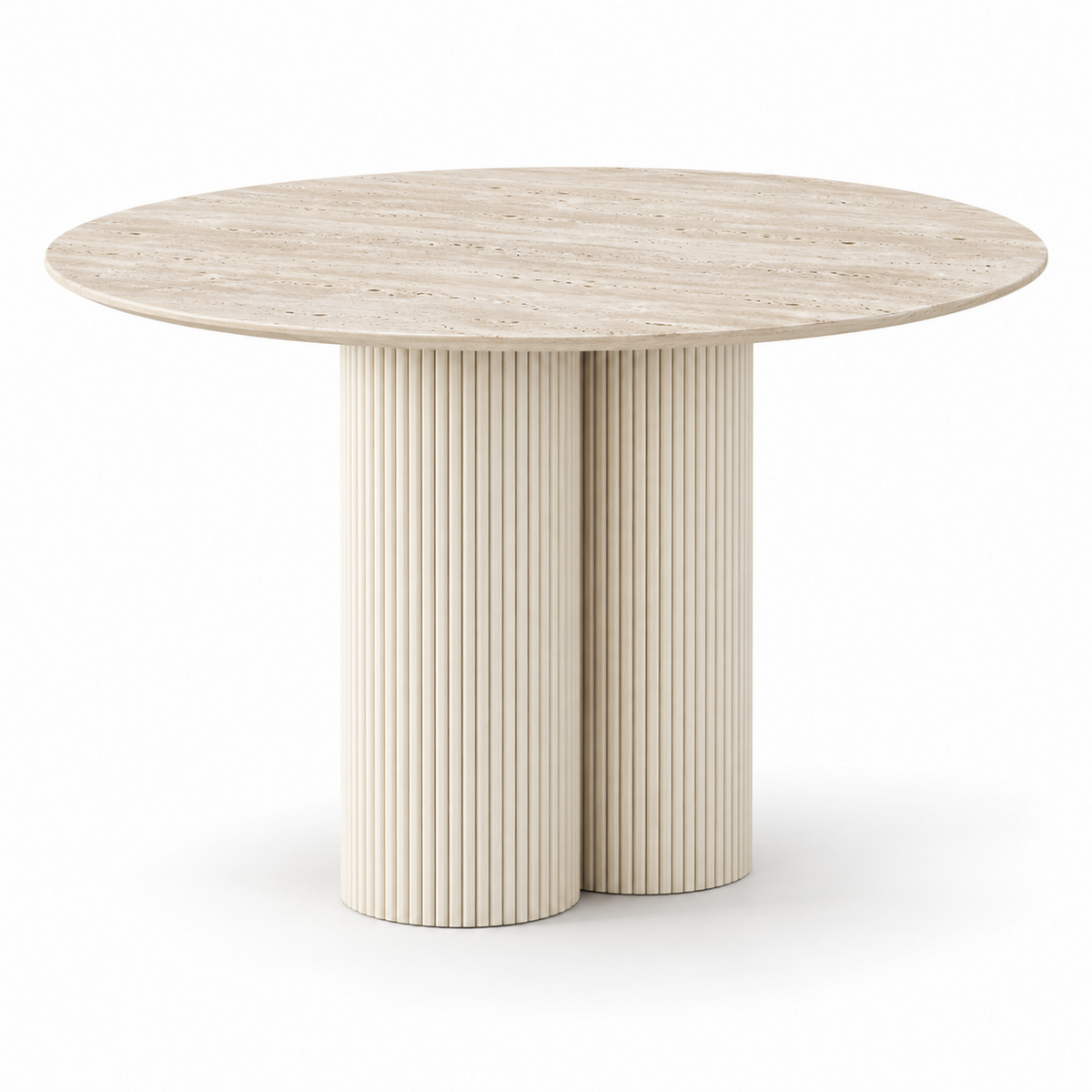 Vello round dining table with a travertine top on a cream oak fluted double-cylinder base, three-quarter view