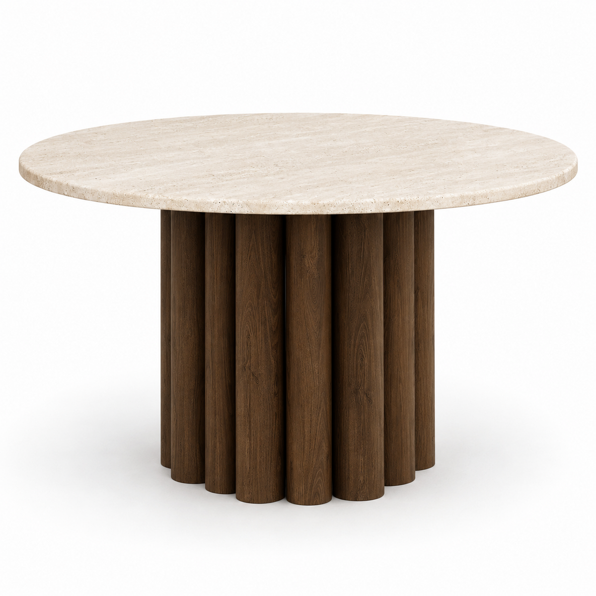 Nolo round dining table with a travertine top on an espresso oak fluted-stave base, three-quarter view
