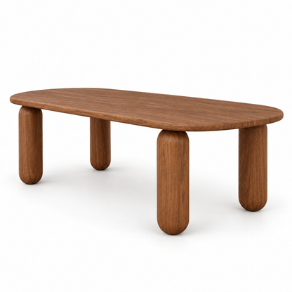 Ruvo oval dining table in rich chestnut with four chunky rounded legs, three-quarter view
