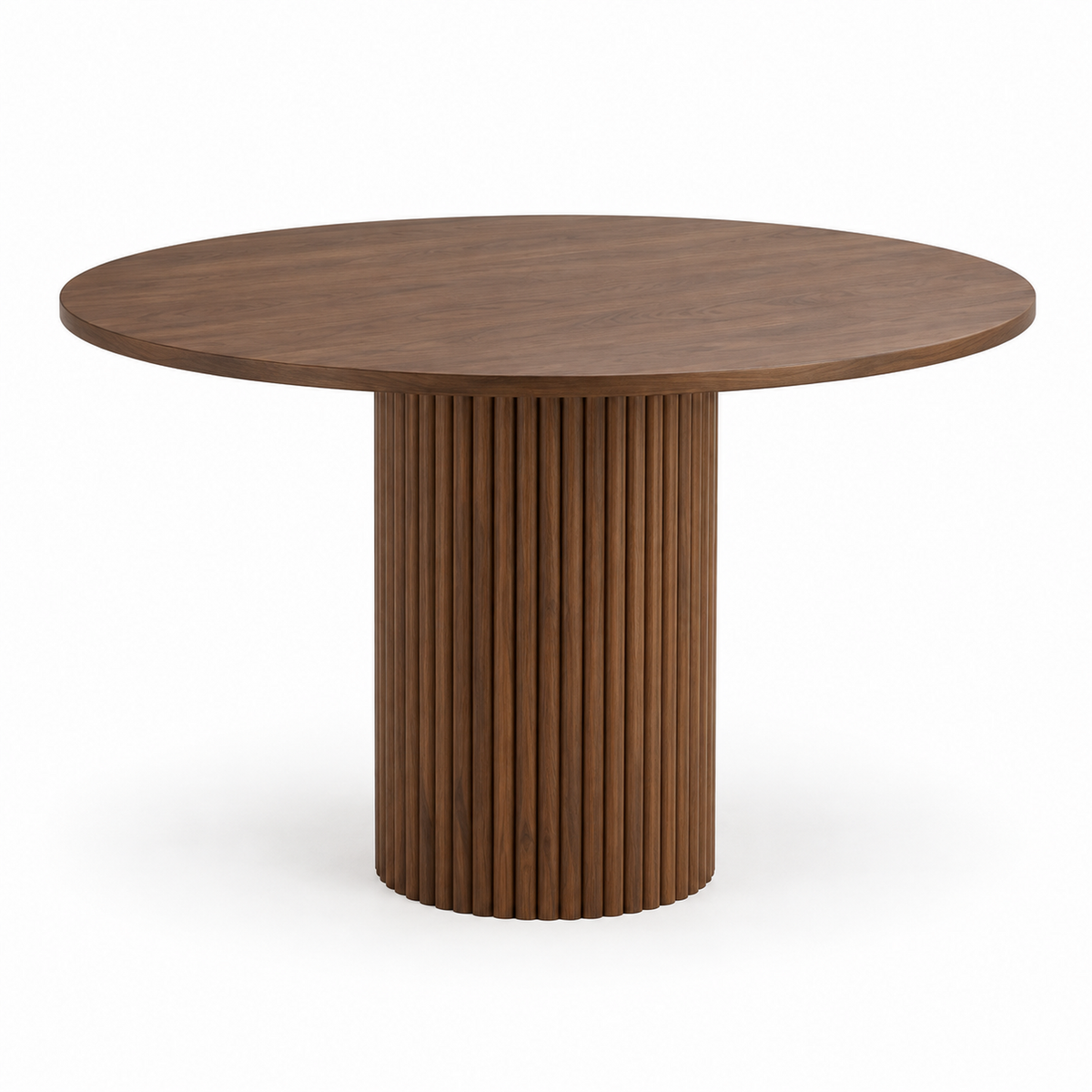Orso round dining table in warm walnut with a fluted pedestal base, three-quarter view