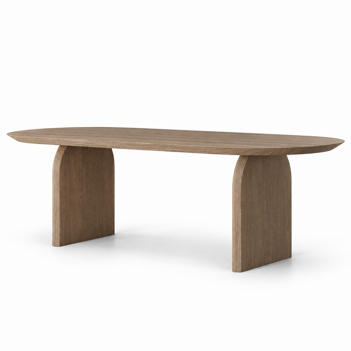 Ardo dining table in smoked oak with a slim oval top on two arched slab legs, three-quarter view
