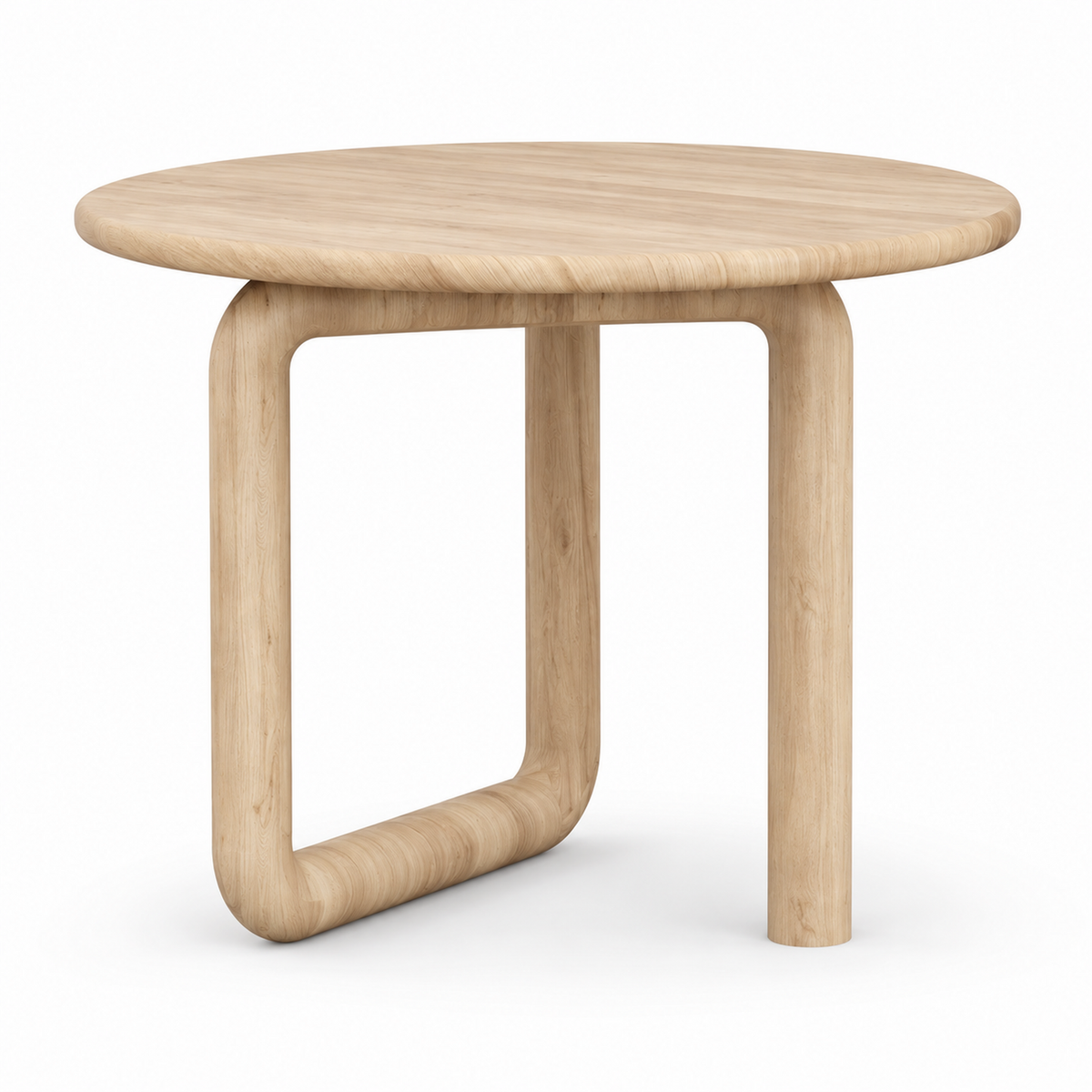 Dano round dining table in natural ash-blonde with a sculptural tubular base, three-quarter view