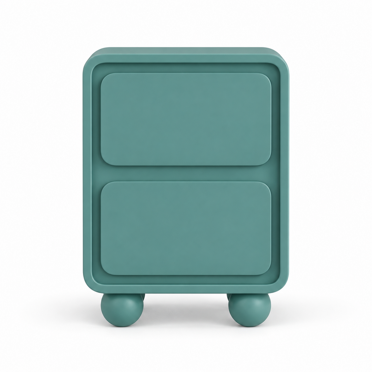 Muted teal Neva nightstand front view showing the two stacked drawers within a recessed frame
