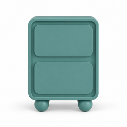 Muted teal Neva nightstand front view showing the two stacked drawers within a recessed frame
