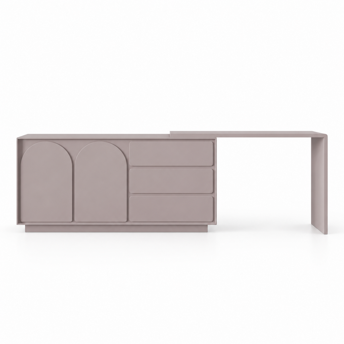 Muted heather Solene vanity front view showing two arched doors, three drawers and a slim console desk

