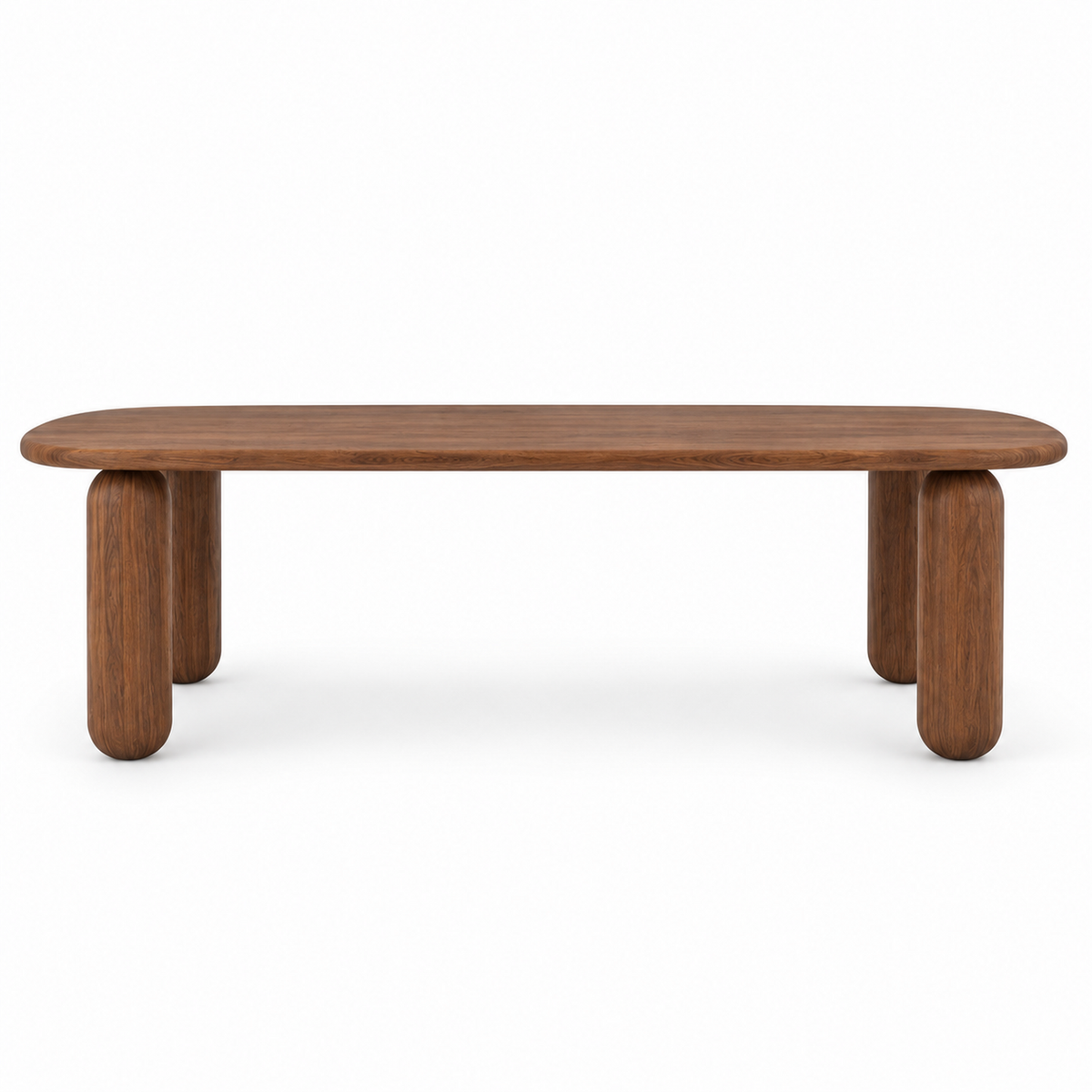 Ruvo dining table long-side view showing the curved oval top and four pillar legs in chestnut
