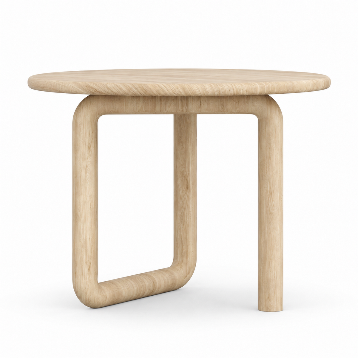Dano dining table front view showing the straight leg and bent-tube loop base in ash-blonde
