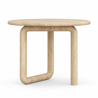 Dano dining table front view showing the straight leg and bent-tube loop base in ash-blonde

