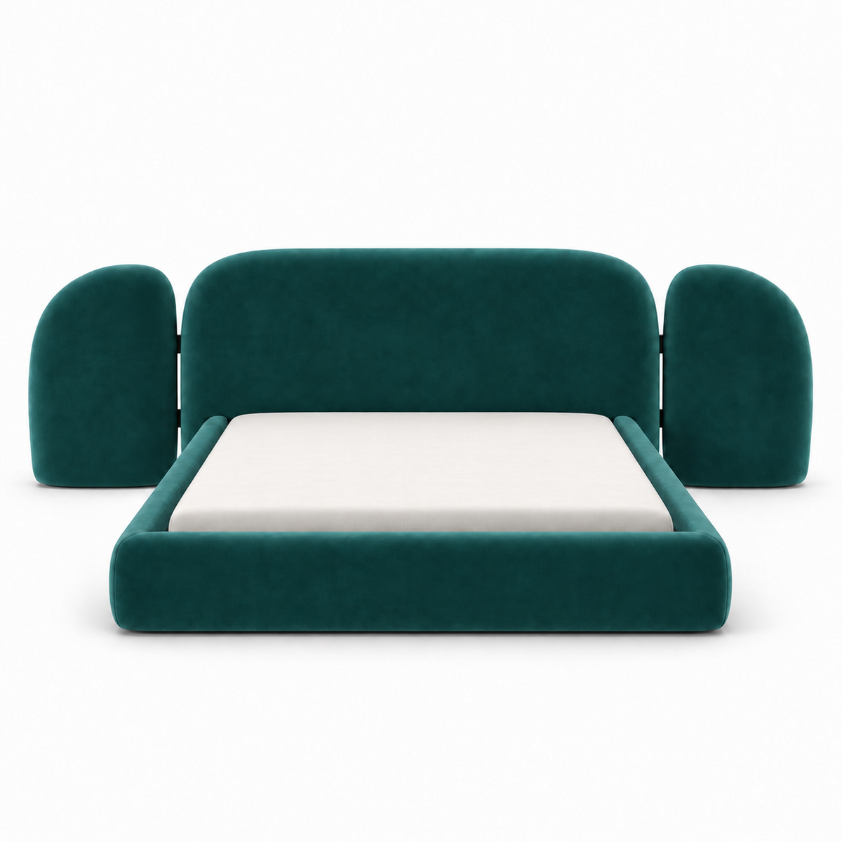 Deep teal velvet Vora bed frame front view showing the central headboard and two rounded side wings

