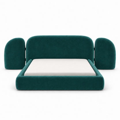 Deep teal velvet Vora bed frame front view showing the central headboard and two rounded side wings
