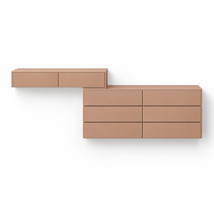 Terracotta clay Runa vanity front view showing the two-drawer console and six-drawer chest in a stepped offset layout