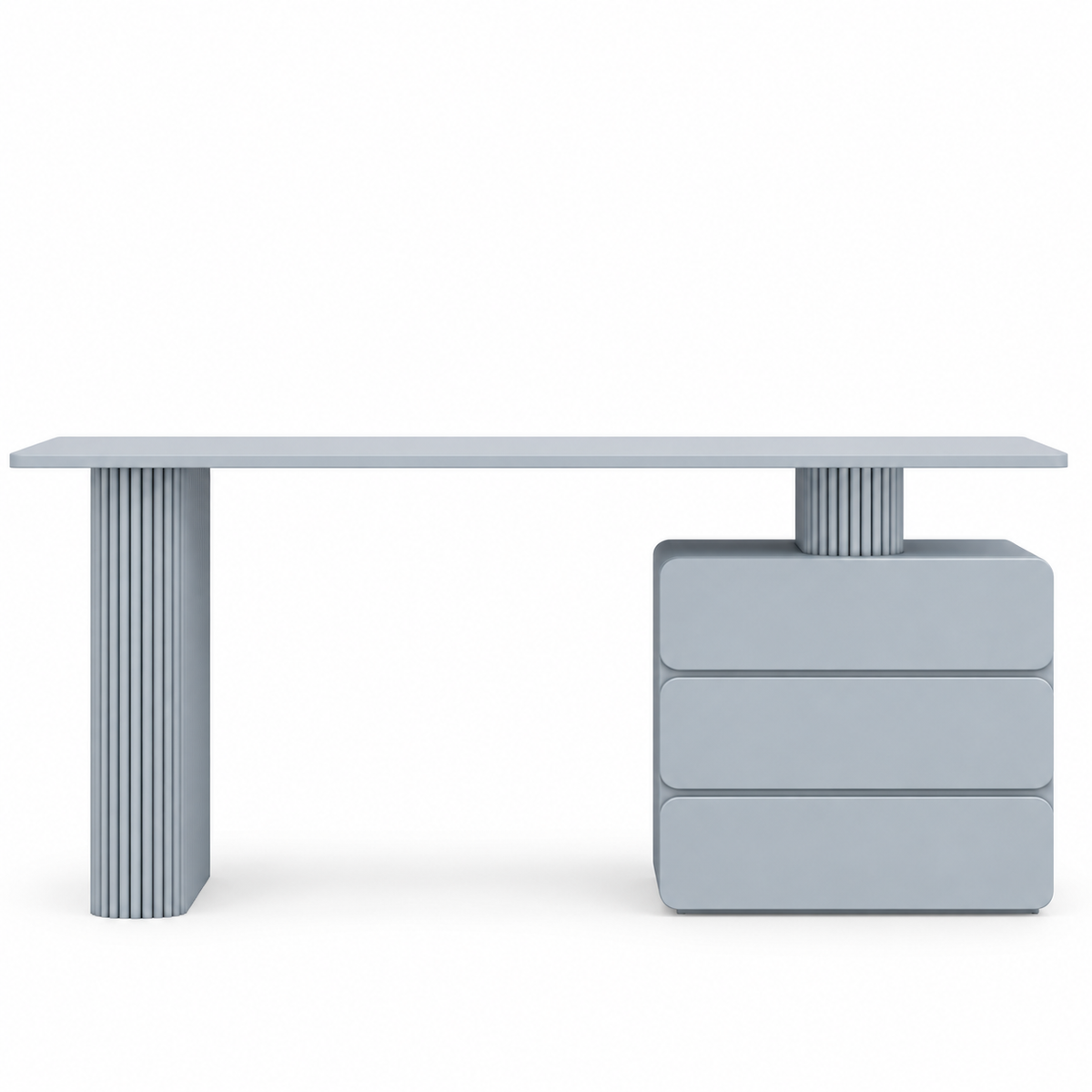 Slate blue Odea vanity front view showing the fluted panel leg, open knee space and three-drawer chest with fluted column