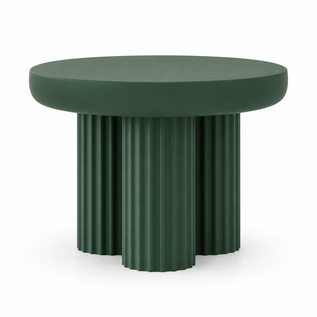 Forest green Talo service table side view showing the thick round slab top and three fluted columns
