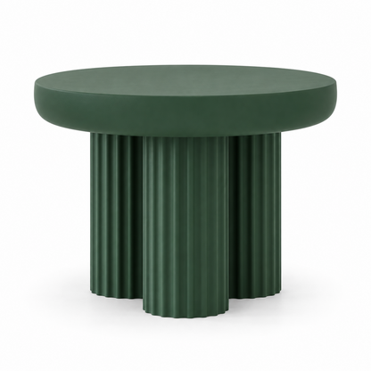 Forest green Talo service table side view showing the thick round slab top and three fluted columns
