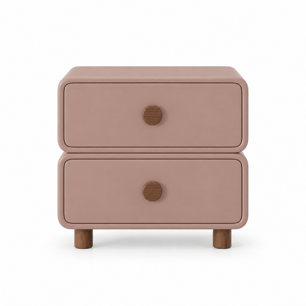 Rosewood Lumi nightstand front view showing two stacked drawers with centered round walnut knobs
