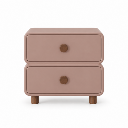 Rosewood Lumi nightstand front view showing two stacked drawers with centered round walnut knobs
