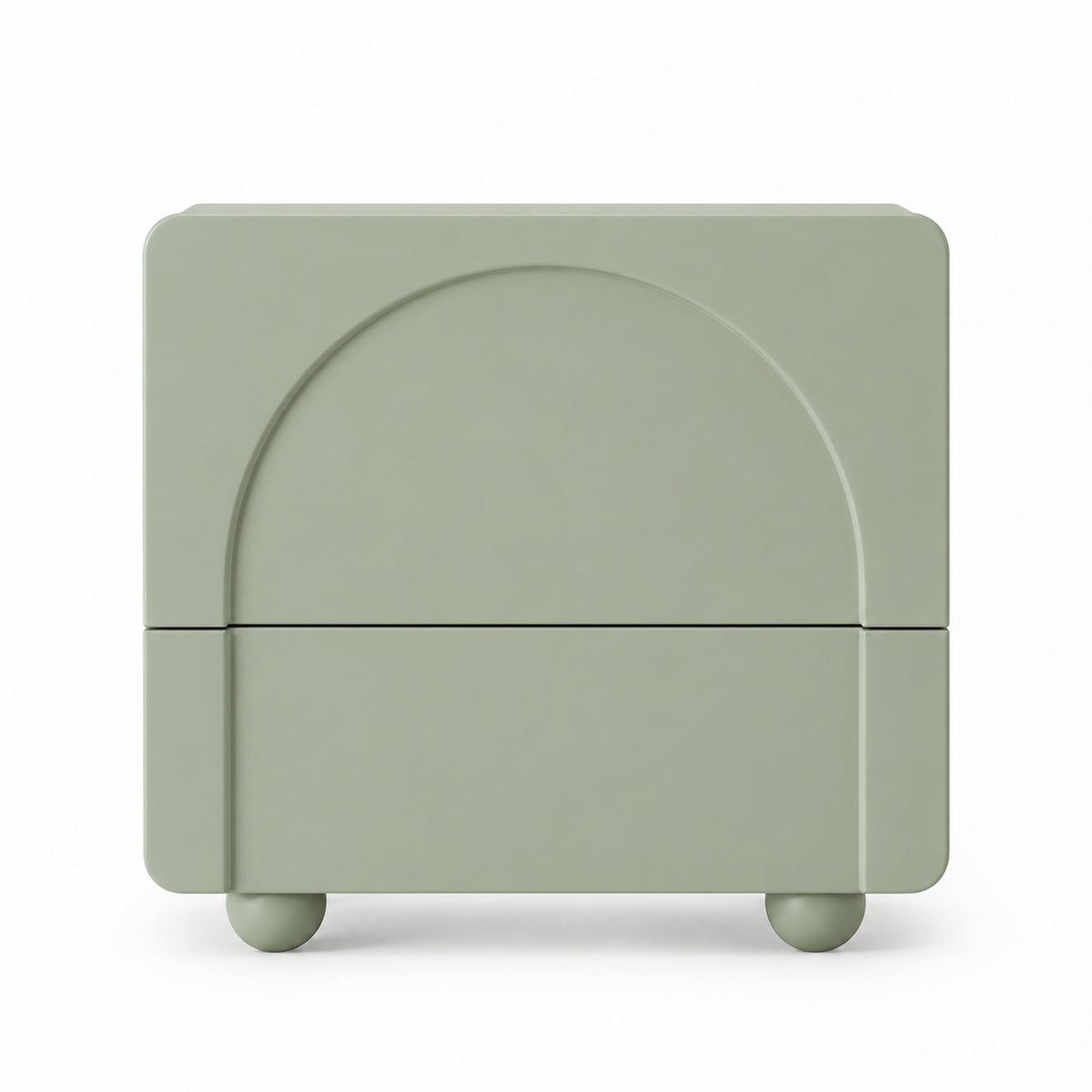 Sage green Arwa nightstand front view showing the centered arch relief across two drawers
