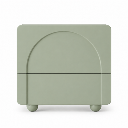 Sage green Arwa nightstand front view showing the centered arch relief across two drawers
