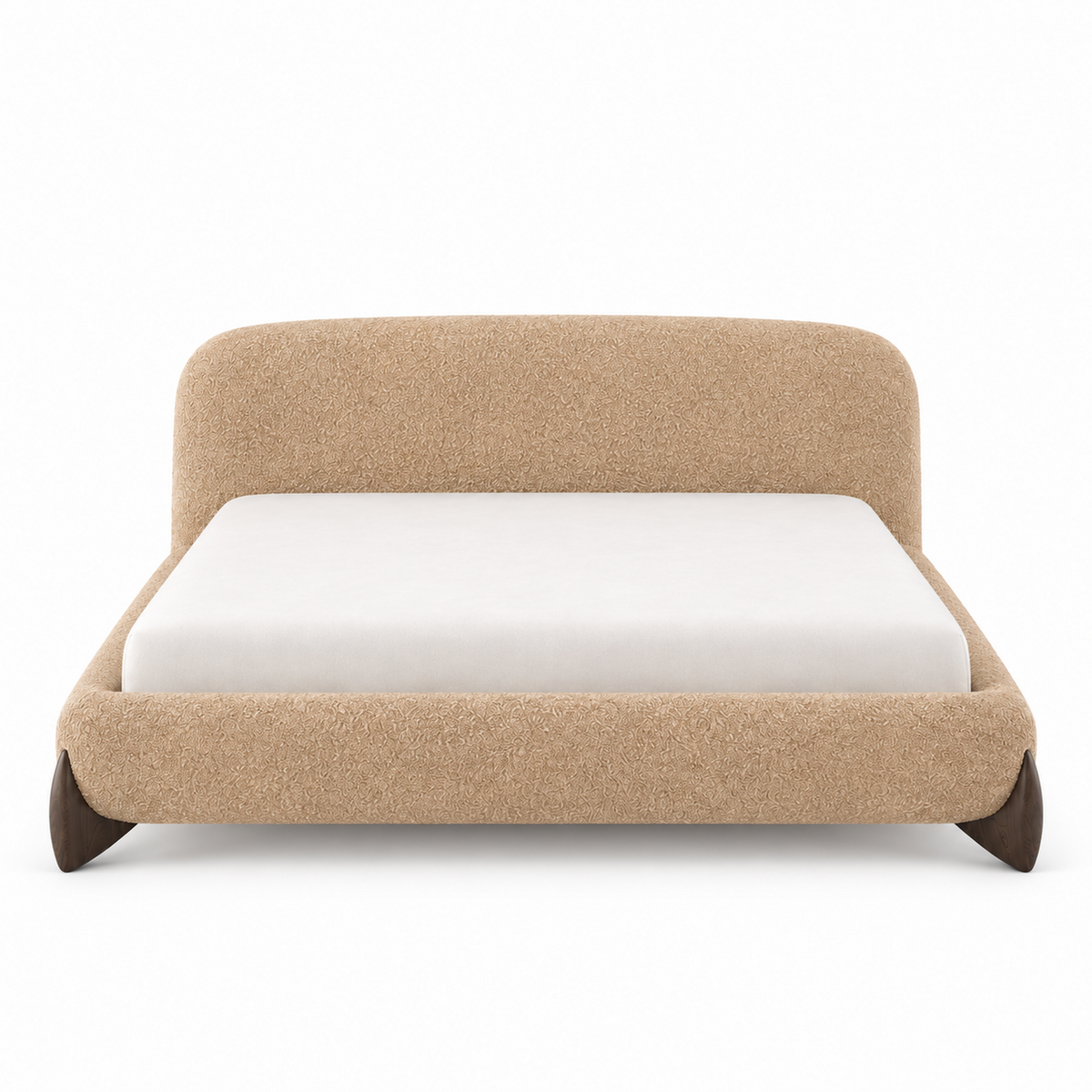 Caramel-oat boucle Orma bed frame front view showing the rounded headboard and thick rounded rail
