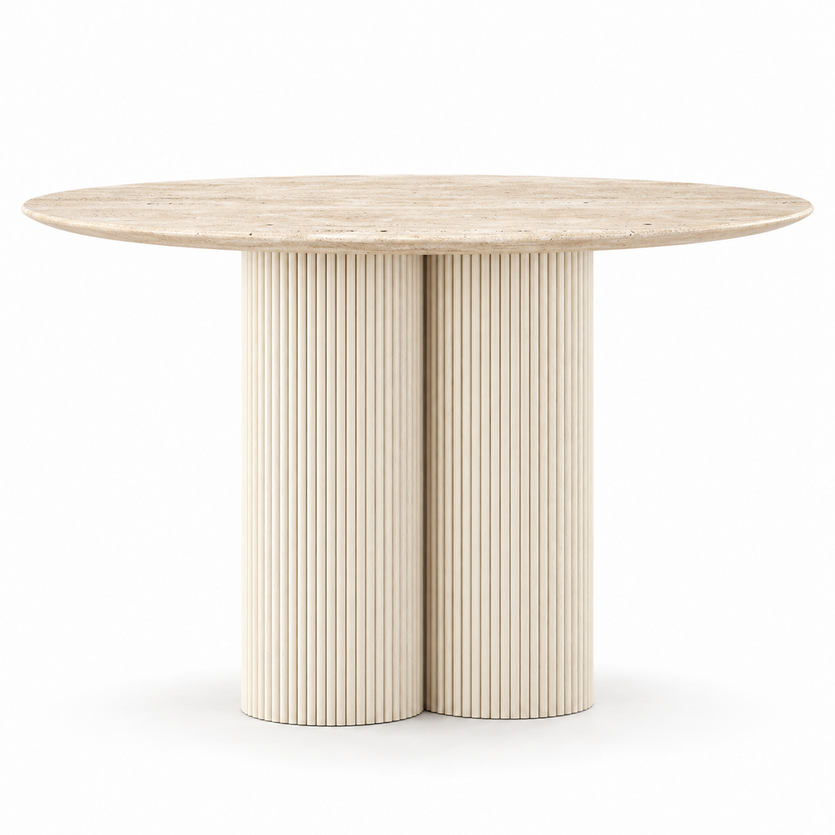 Vello dining table front view showing the round stone top and double fluted pedestal

